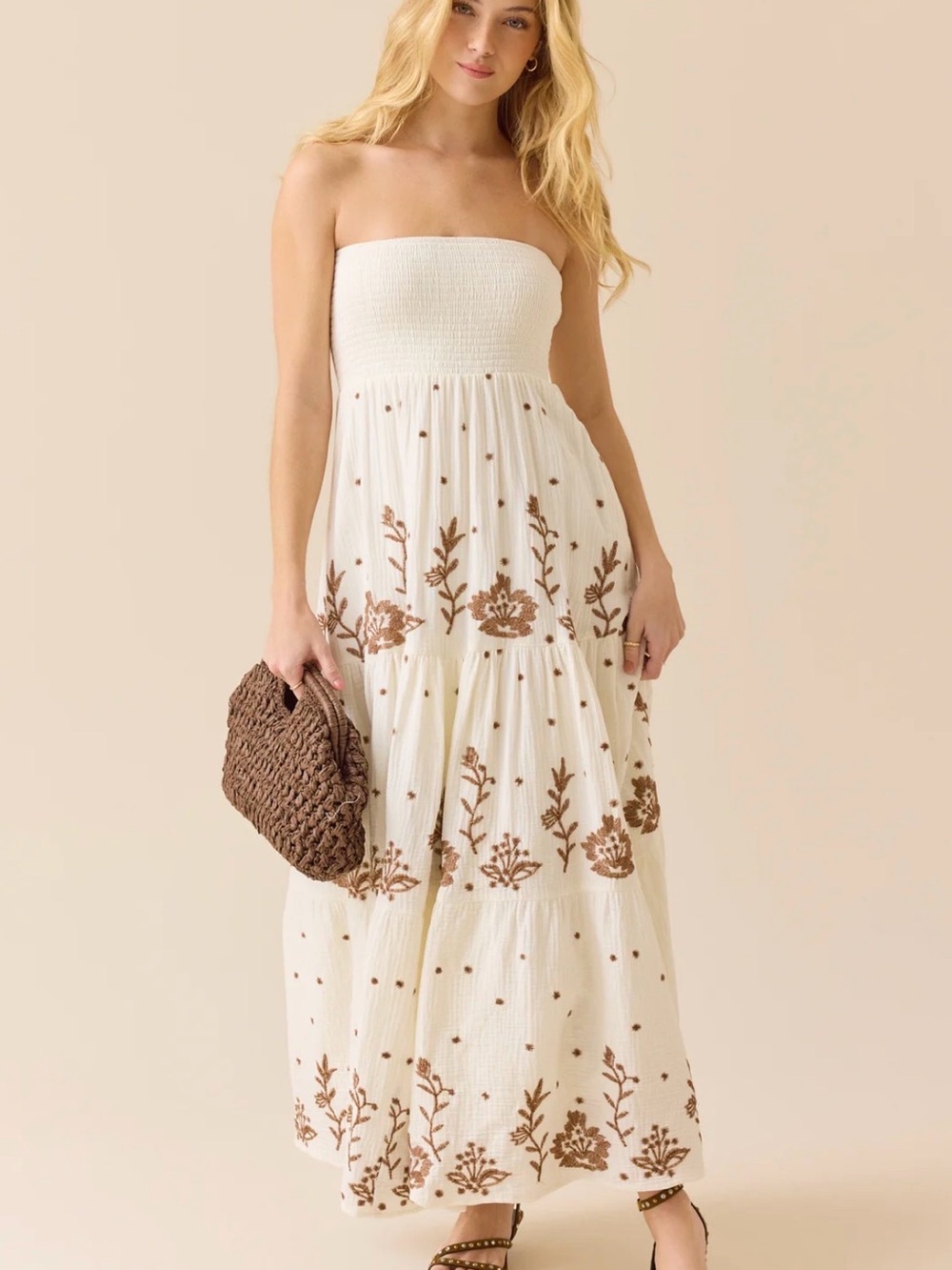 Altar'd State Cream Strapless Maxi Dress with Brown Floral Embroidery